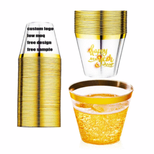 Custom Logo 9 Oz Gold Rimmed Clear Plastic Cups Disposable Cups for Wedding Party Reusable Elegant Cocktail Wine Glasses Cup