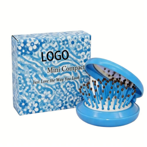 Custom Logo Detangling Travel Hairbrush Mirror Set Straightener Folding Compact Portable for Women's Quick Styling Gift-Wheat