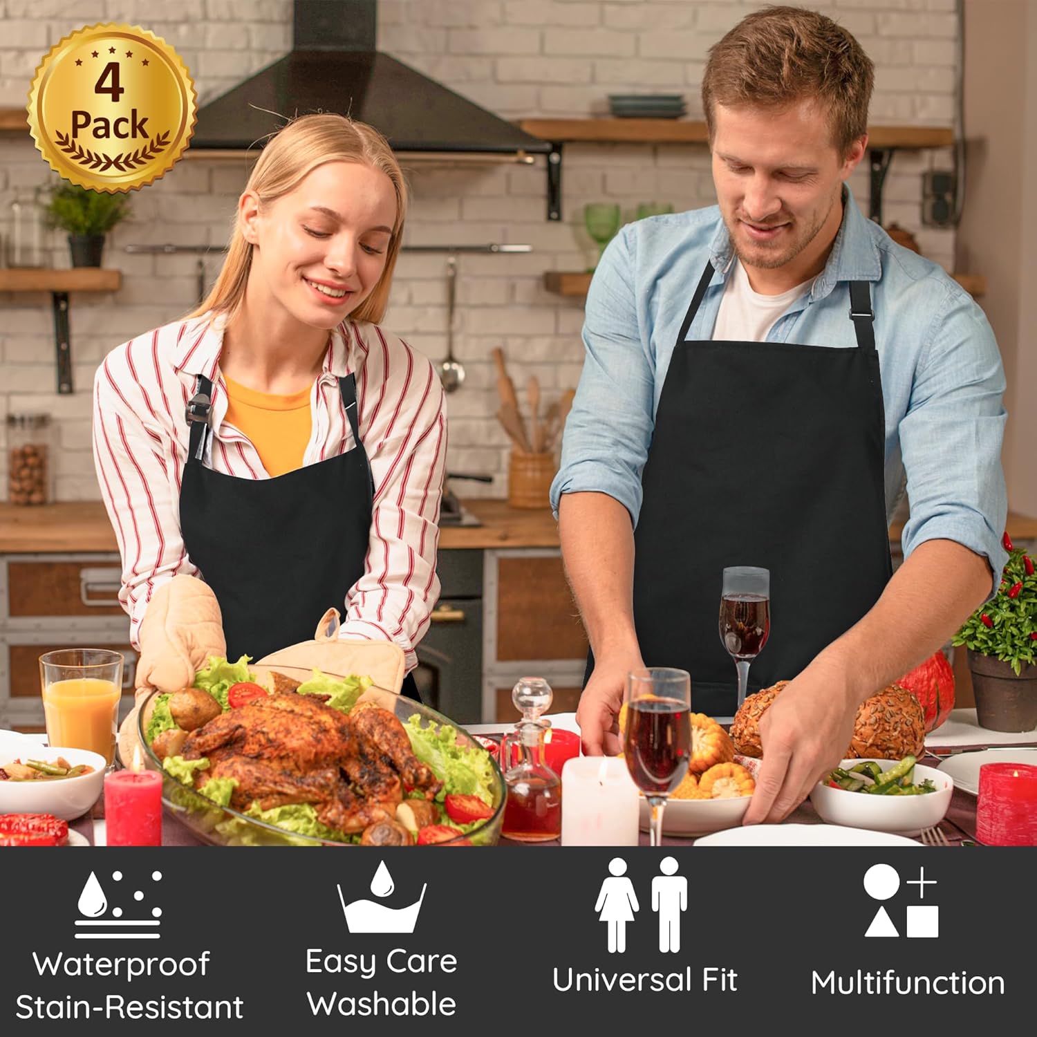 Custom Logo Full Printing Design Apron With Pocket Unisex Cotton Black Apron Waterproof Adjustable Bib Kitchen BBQ Apron - 图片 6