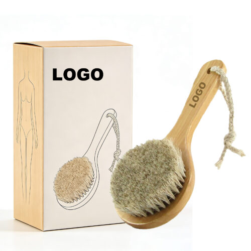 Custom Logo 7.87” Short Handle Dry Bath Body Brush Scrubber, Wood Handle Soft Horsehair Mane Natural Bristles Shower Brush, Good for Cellulite, Detox, Exfoliating, Blood Circulation, etc.