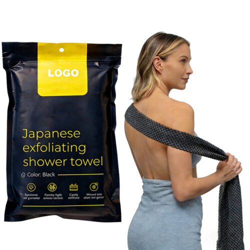 Custom Logo Exfoliating Washcloth Body Scrub Towel with Hexagon Fibers 2-Side Scrubber for Cleaning Extra Long Towel (Black)