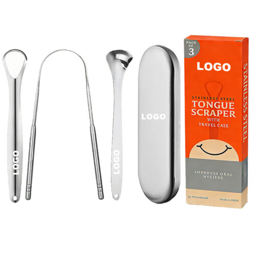 Custom Logo Eco Friendly Rose Gold or Silver Stainless Steel Metal Adult Kids Reusable Portable Tongue Scraper Cleaner Set
