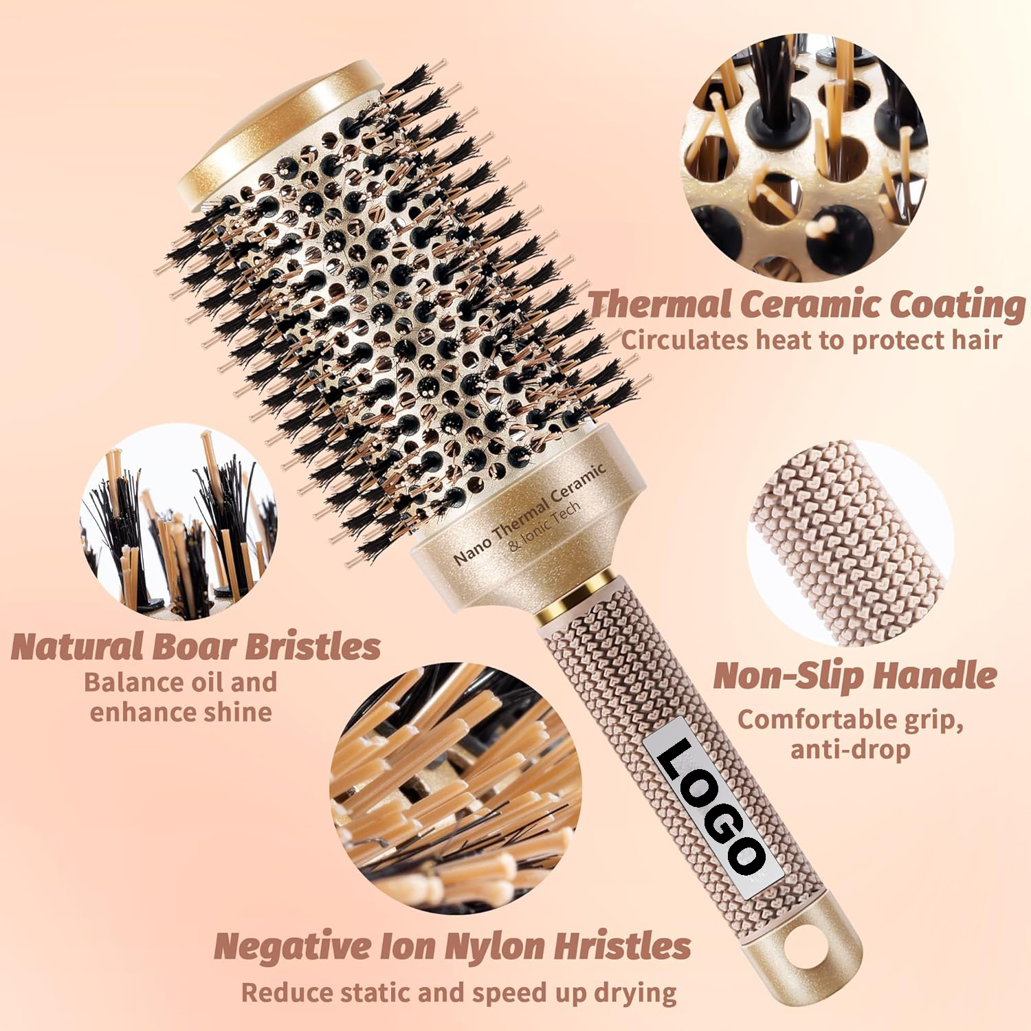 Custom Logo Large Round Brush for Blow Out, (2.7 Inch, 65mm Barrel) Nano Thermal Ceramic & Ionic Tech Round Barrel Roller Hair Brush with Boar Bristles for Blow Drying and Styling - 图片 7
