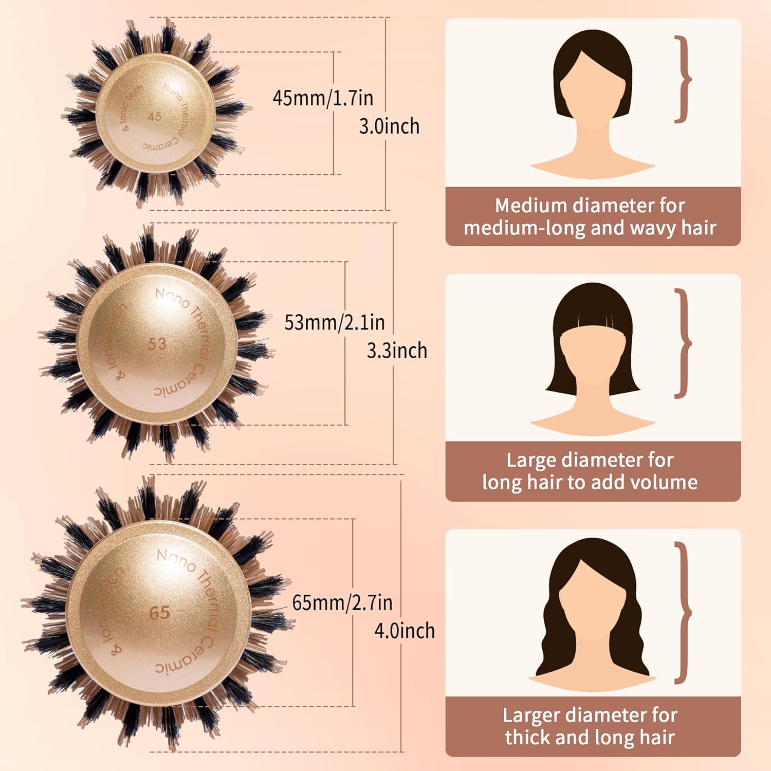 Custom Logo Large Round Brush for Blow Out, (2.7 Inch, 65mm Barrel) Nano Thermal Ceramic & Ionic Tech Round Barrel Roller Hair Brush with Boar Bristles for Blow Drying and Styling - 图片 8