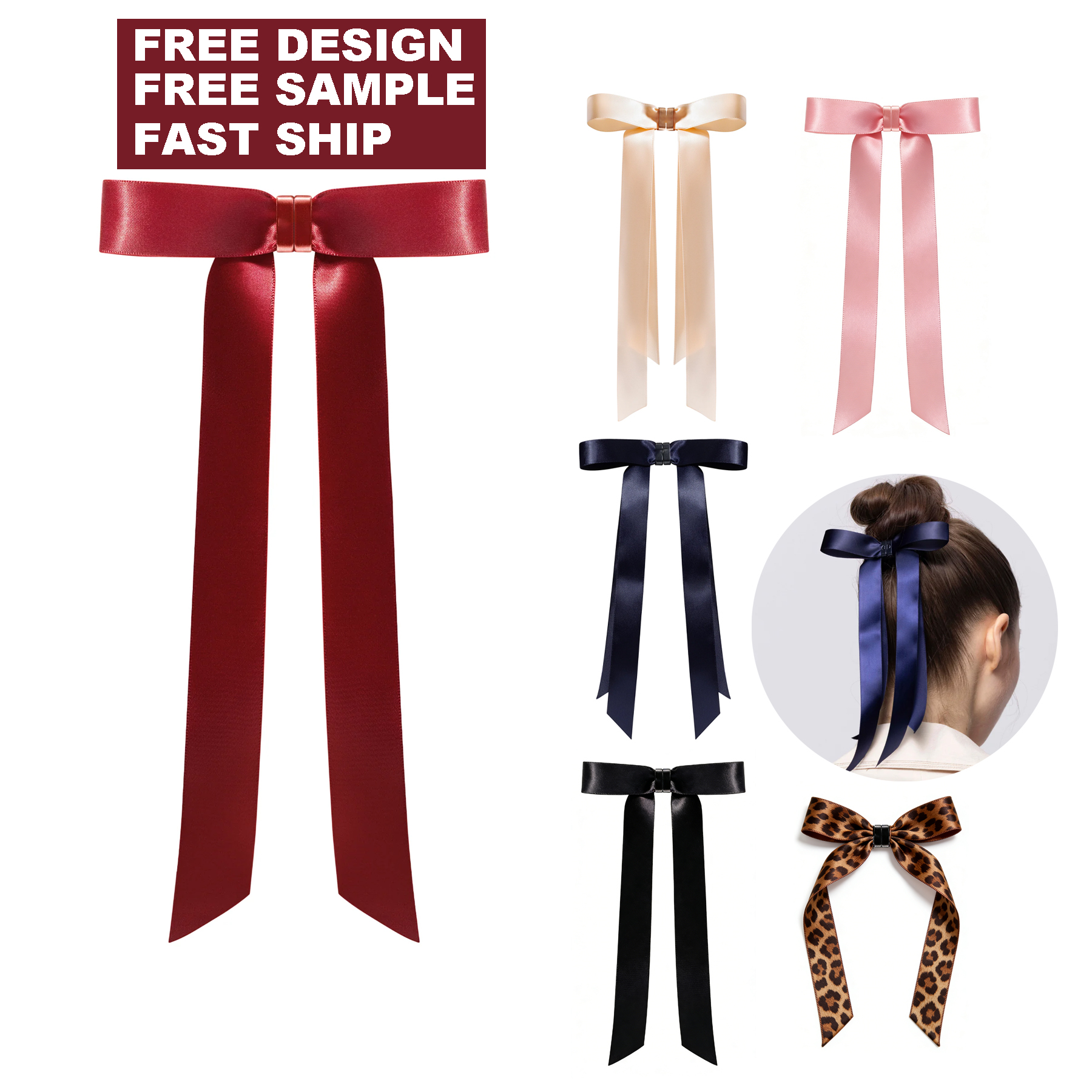 Custom Logo Magnetic Hair Clip Satin Bow Hair Accessories Two Colors Elegant Long Ribbon Hair Clips Fashion Hair Decorations