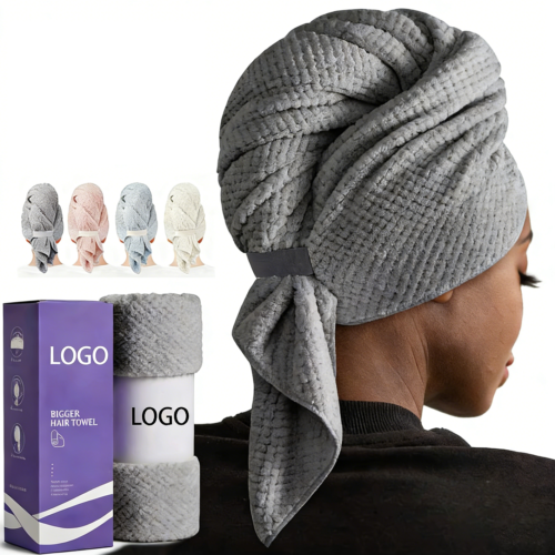 Custom Logo Large Microfiber Hair Towel Wrap for Women, Super Absorbent Fast Drying Turban with Elastic for Curly Hair