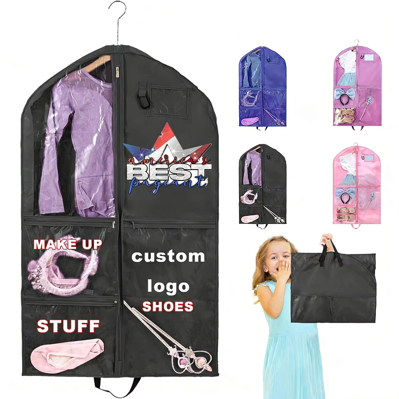 Custom Logo Waterproof Oxford Cloth Hanging Garment Bag for Little Girl Travel Storage Dance Clothes Bag Kids Dance Bag