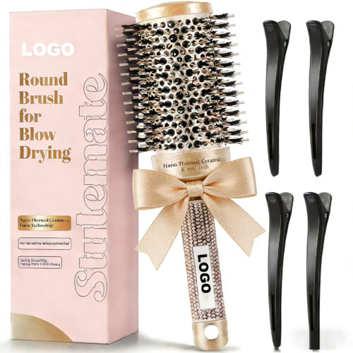 Custom Logo Large Round Brush for Blow Out, (2.7 Inch, 65mm Barrel) Nano Thermal Ceramic & Ionic Tech Round Barrel Roller Hair Brush with Boar Bristles for Blow Drying and Styling