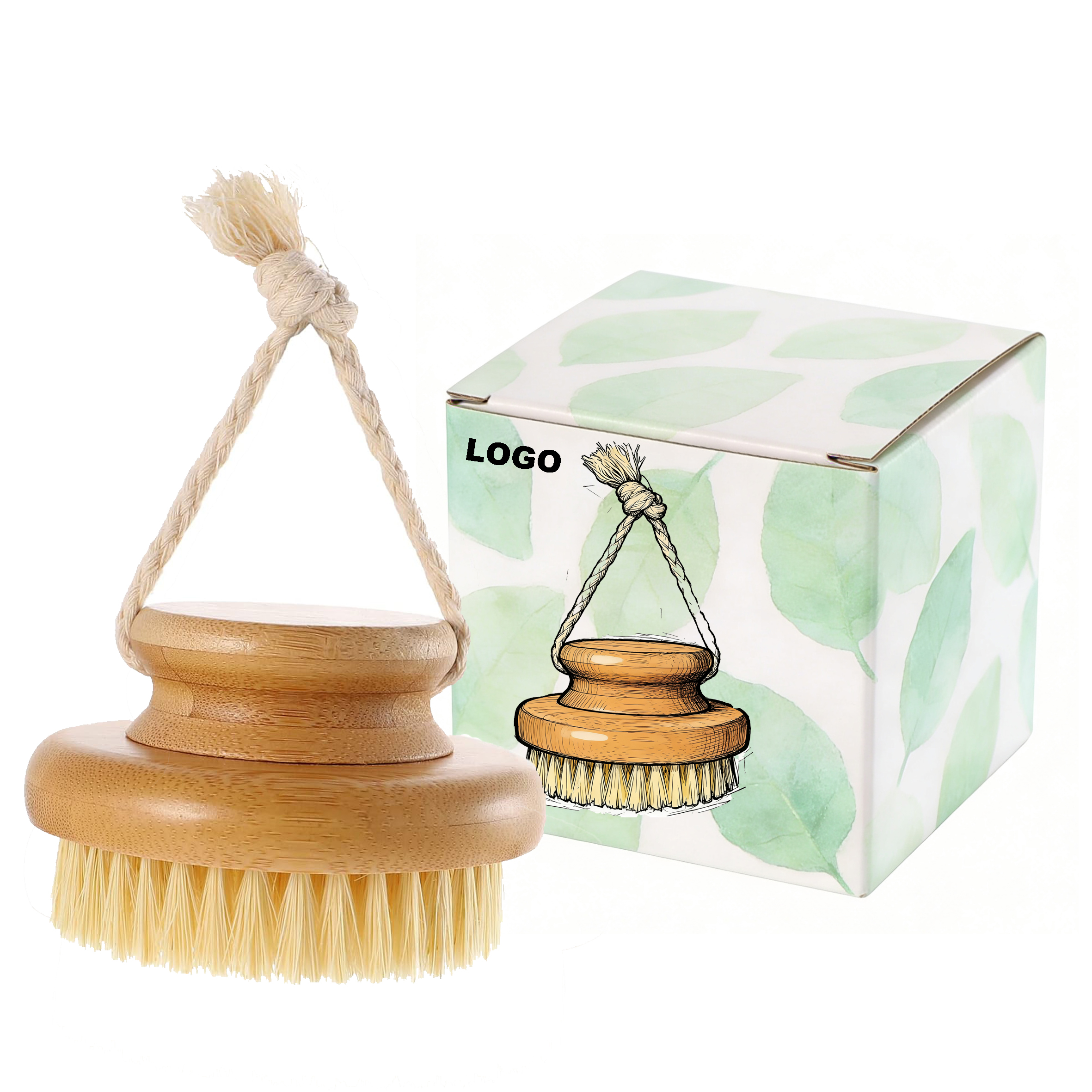 Custom Logo Round Natural Body Brush with Mane Cactus Bristle for Dry Brushing to Exfoliate Remove Dead Skin Back Scrubber